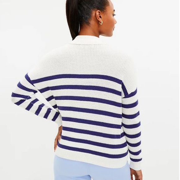 LOFT:  Striped Lace Up Polo Sweater - white/blue - Picture 3 of 9